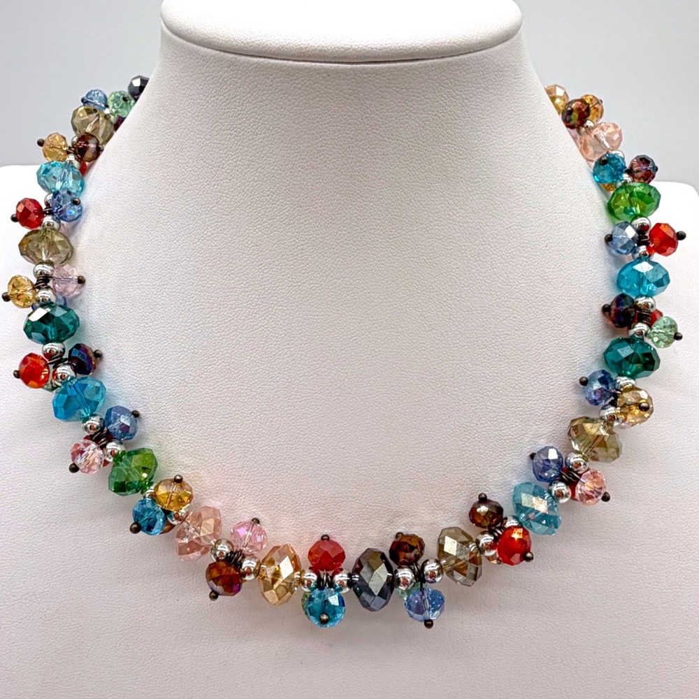 Vintage Faceted AB Crystal Bead Necklace Colorful Fruit Salad Colors 18.5"